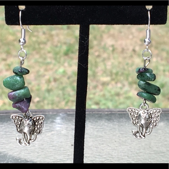 PeaceFrog Jewelry - Green Red Ruby Zoisite Elephant Earrings
